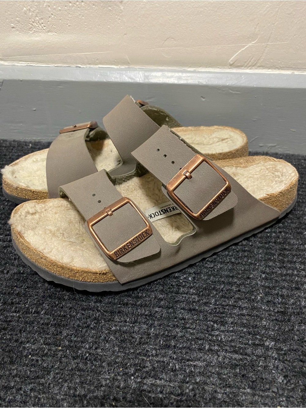 Birkenstock Arizona Sandals in Taupe with Rose Gold Buckles